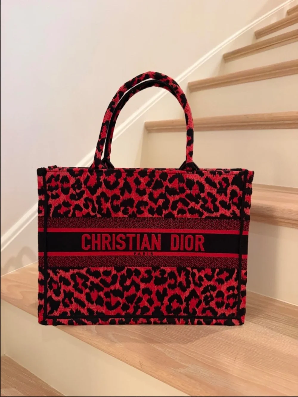 Authentic Dior Book Tote Red Black Leopard Embroidered Large Bag